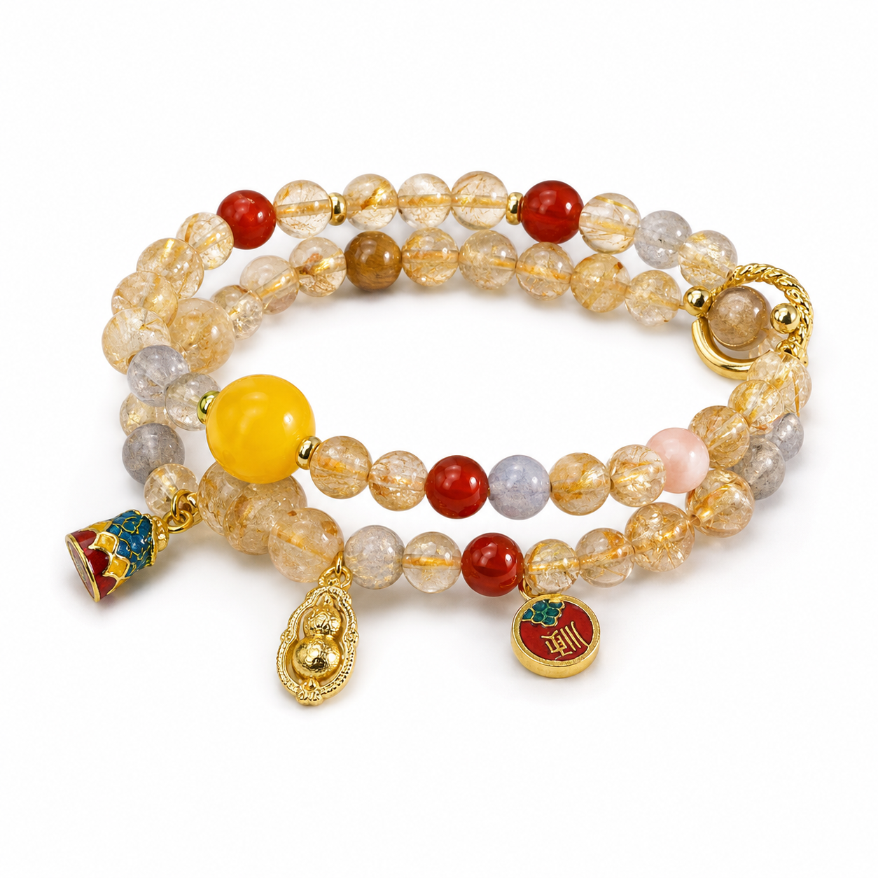 Citrine and rose quartz bracelet on a white background