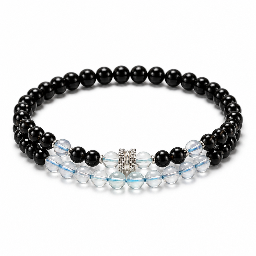Black & Blue Quartz Double-Wrap Bracelet for Protection