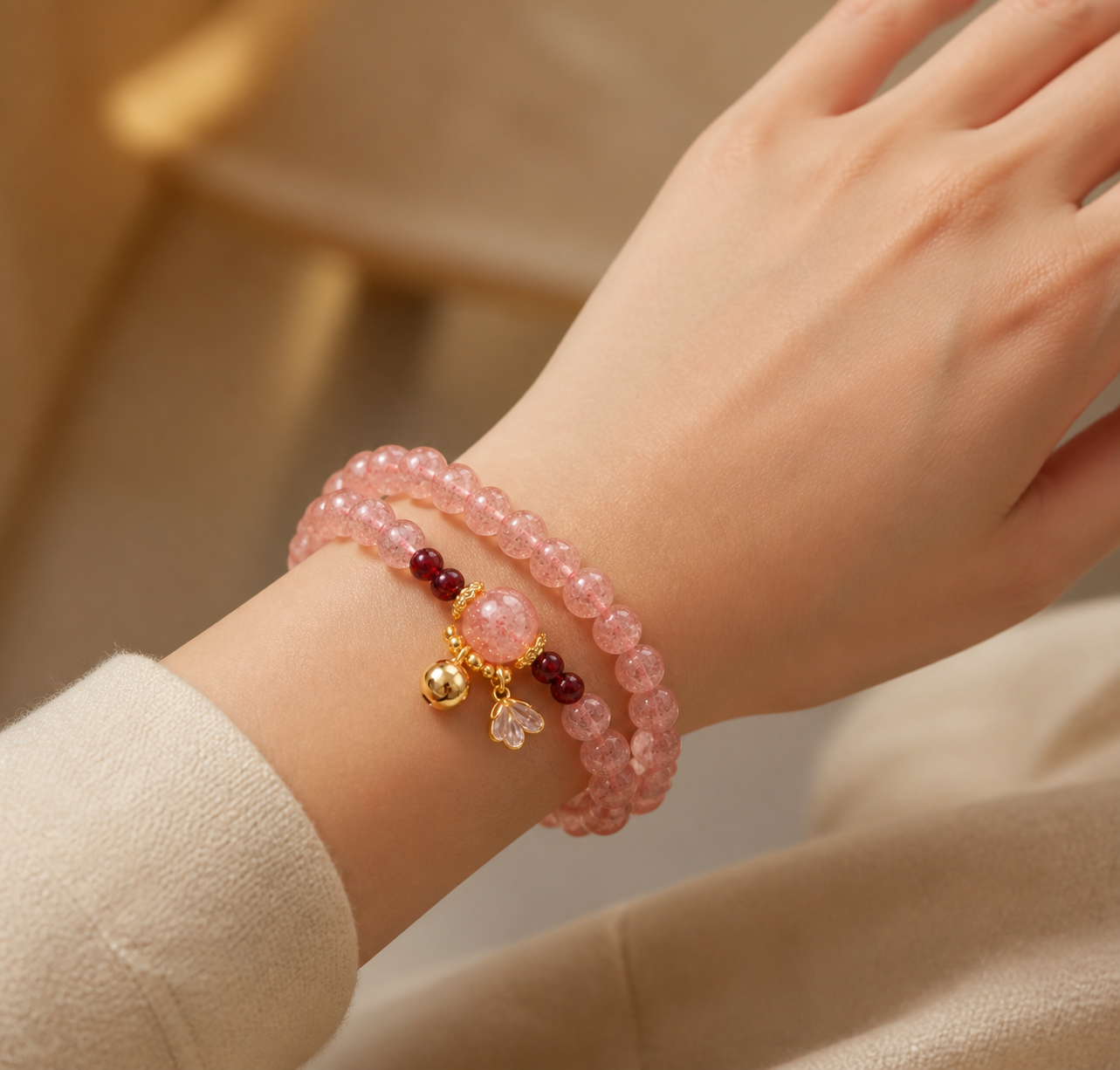 Pink crystal bracelet bead close-up