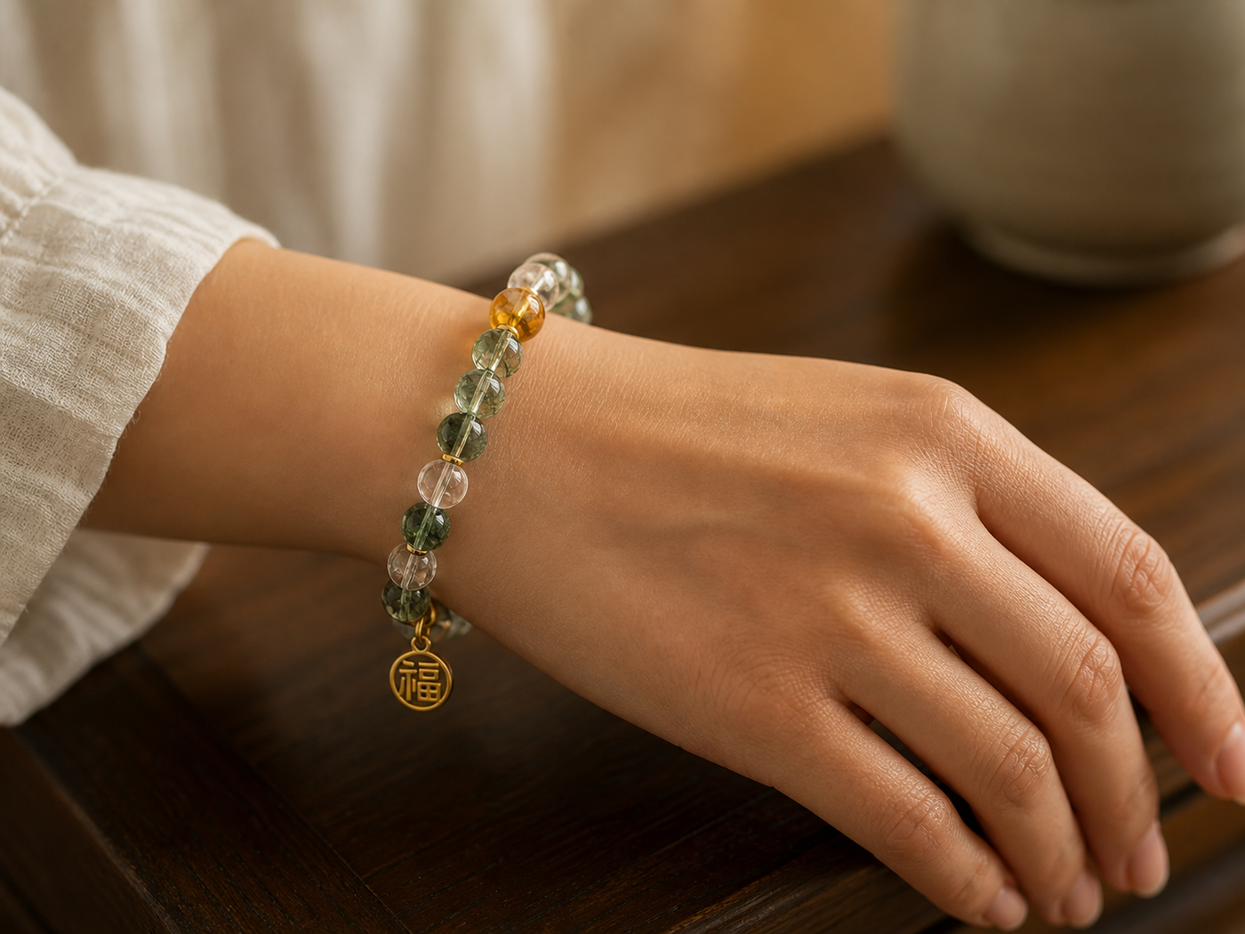 Green quartz bracelet crystal bead close-up