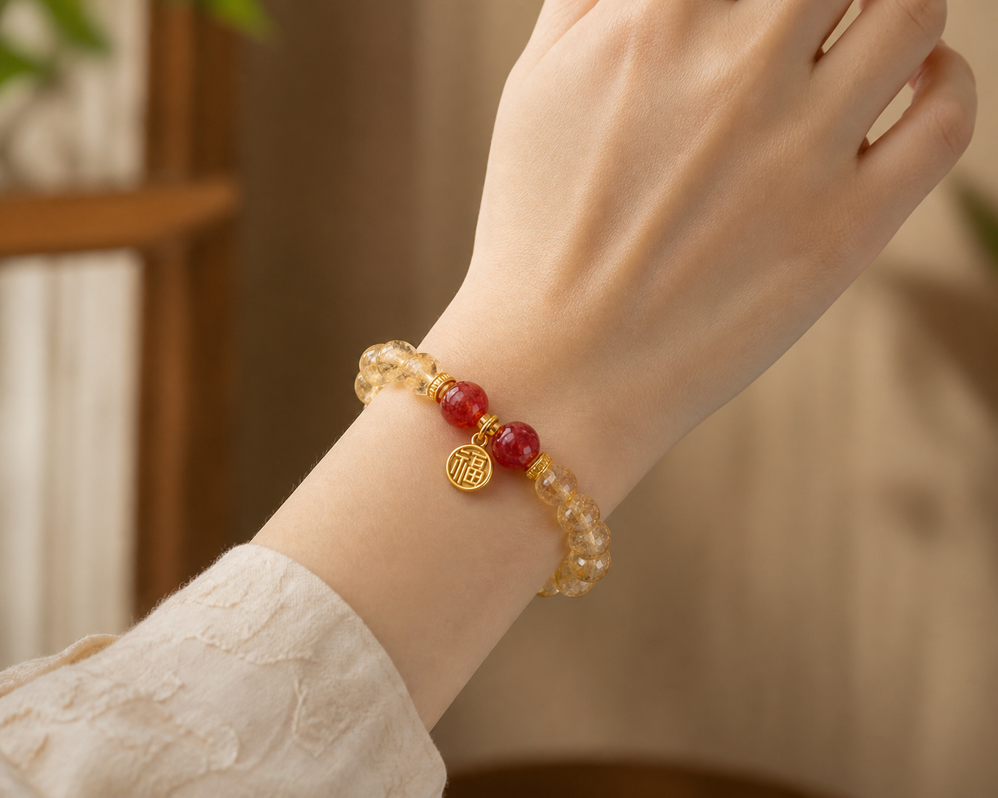 Red quartz bracelet crystal bead close-up