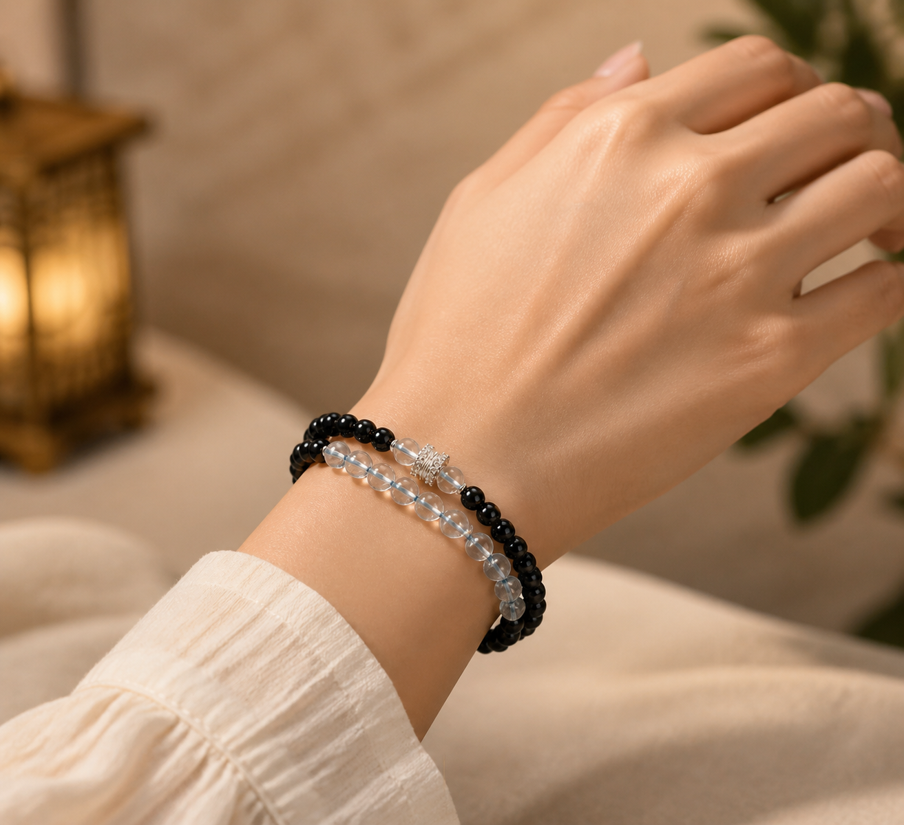 Black and blue quartz bracelet crystal bead close-up