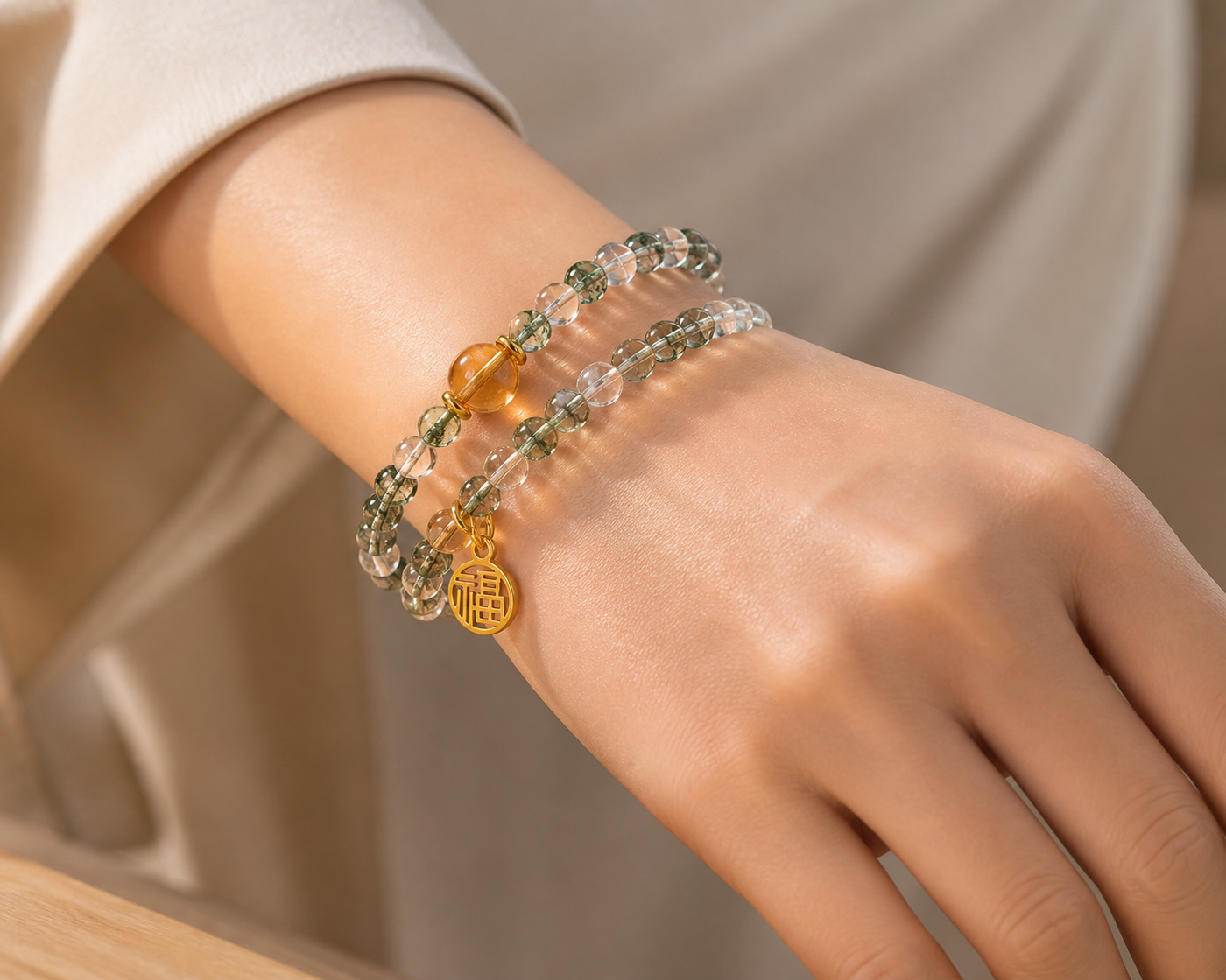 Green quartz double-wrap bracelet crystal bead close-up
