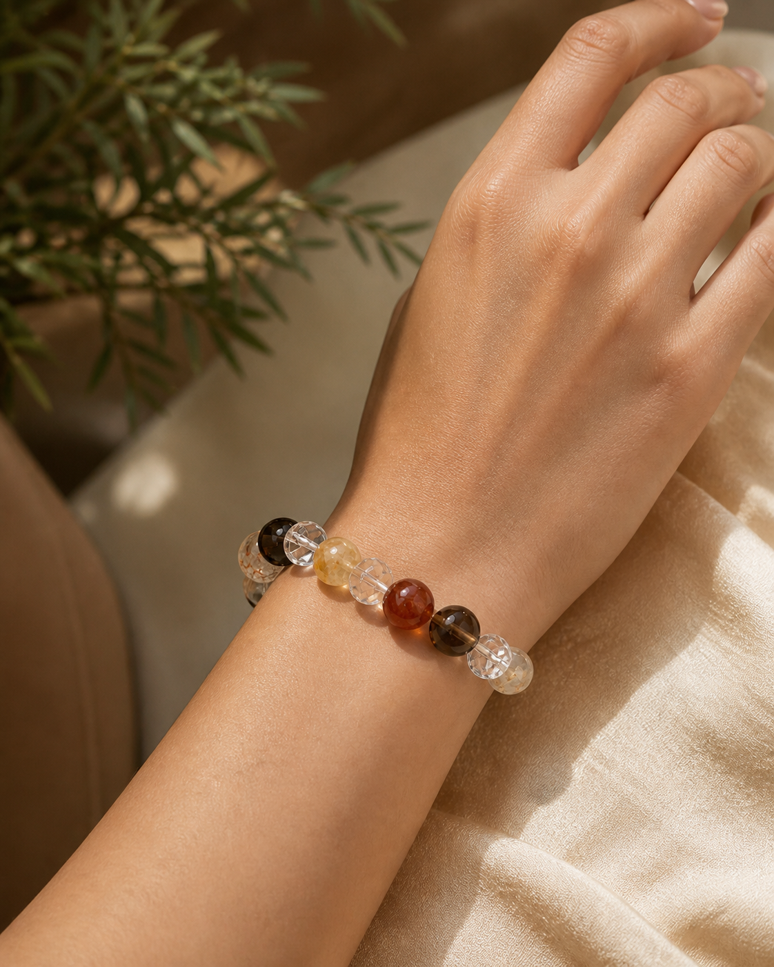 Smoky quartz bracelet crystal bead close-up