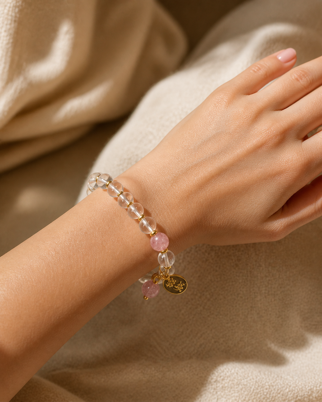 Strawberry quartz bracelet crystal bead close-up