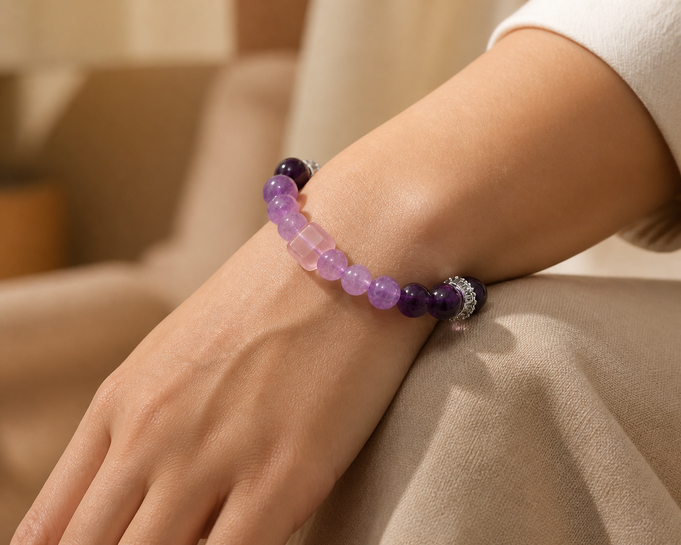 Amethyst bracelet crystal bead close-up