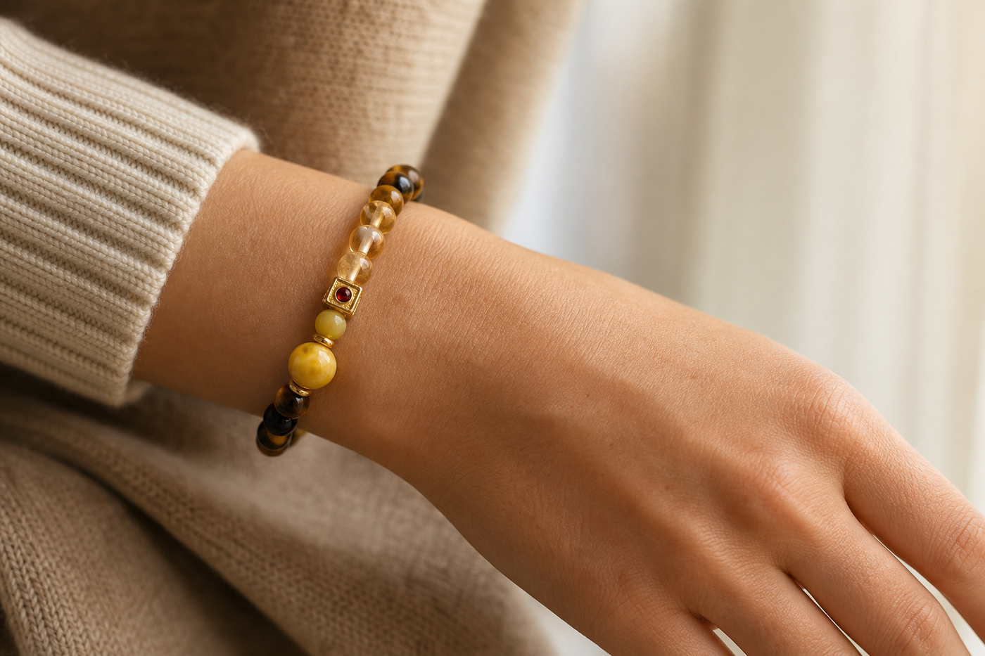 Tiger eye double-wrap bracelet crystal bead close-up