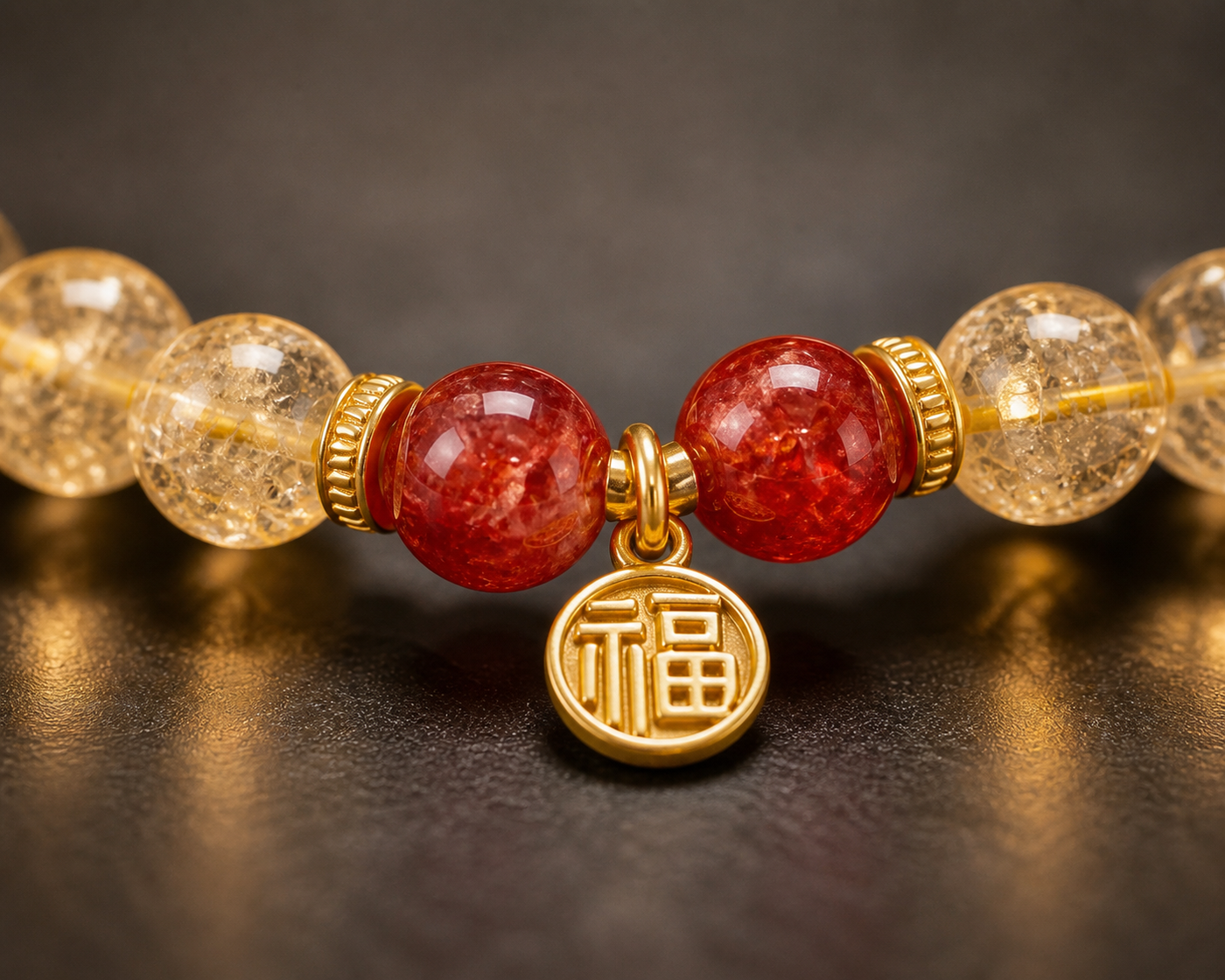 Red quartz bracelet worn in a lifestyle setting
