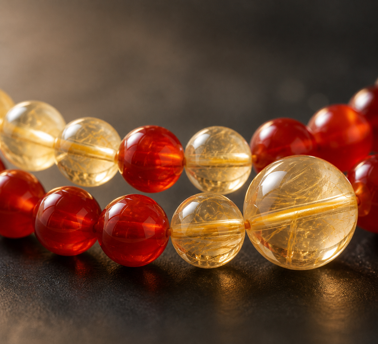 Gold and red crystal bracelet worn in a lifestyle setting
