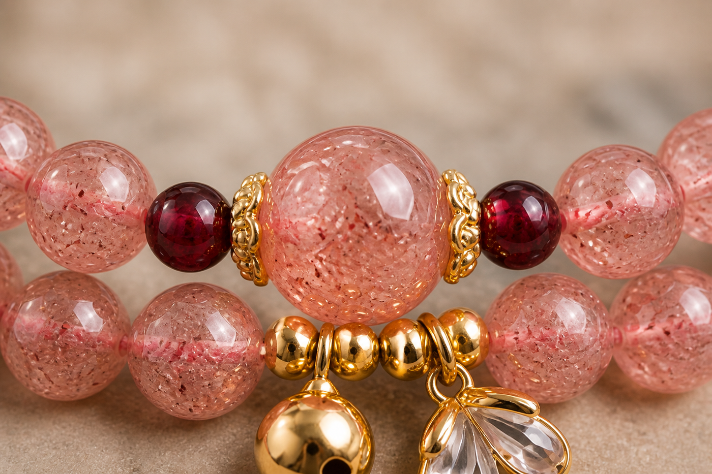 Pink crystal bracelet worn in a lifestyle setting