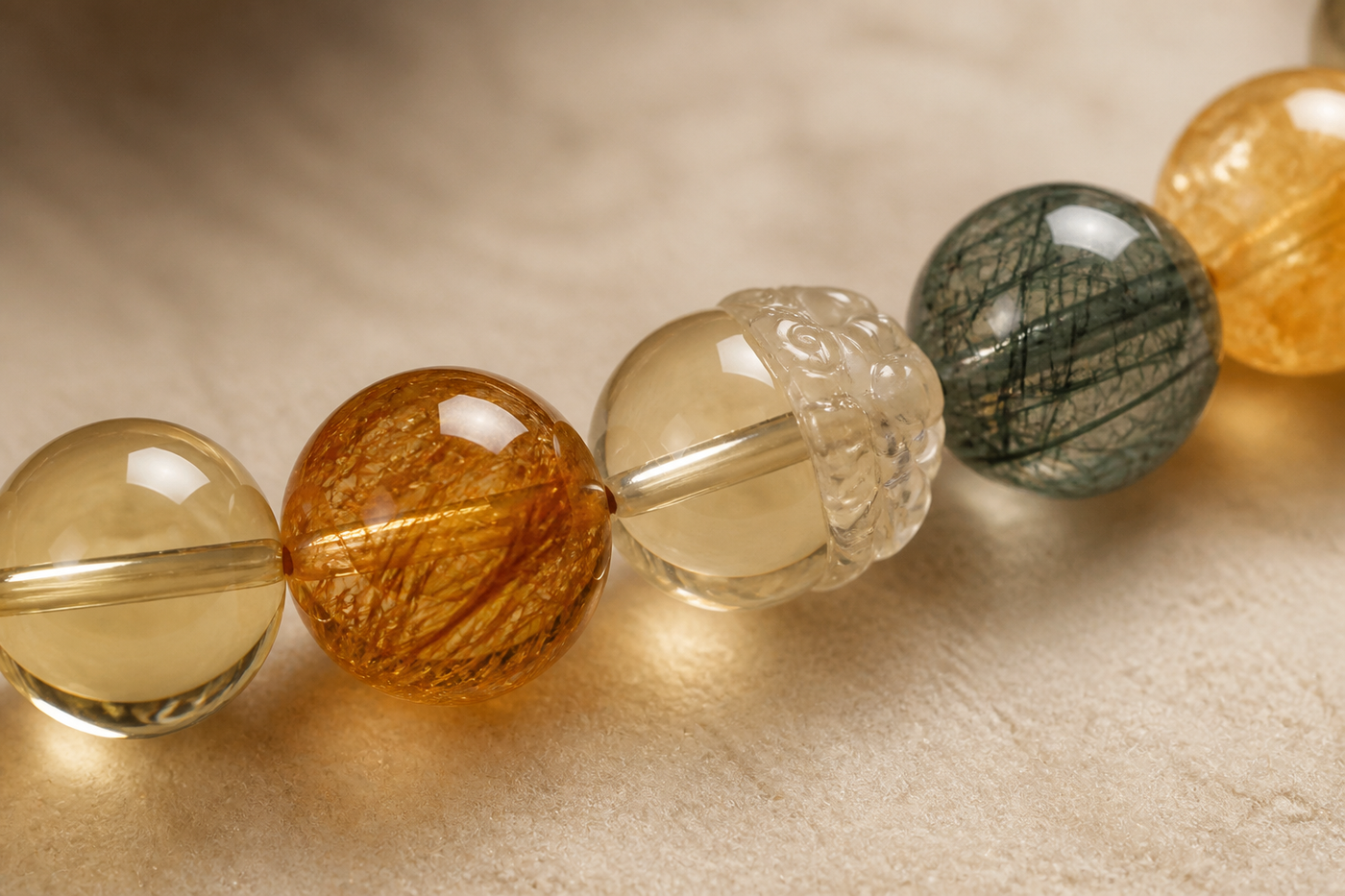 Mixed quartz bracelet worn in a lifestyle setting