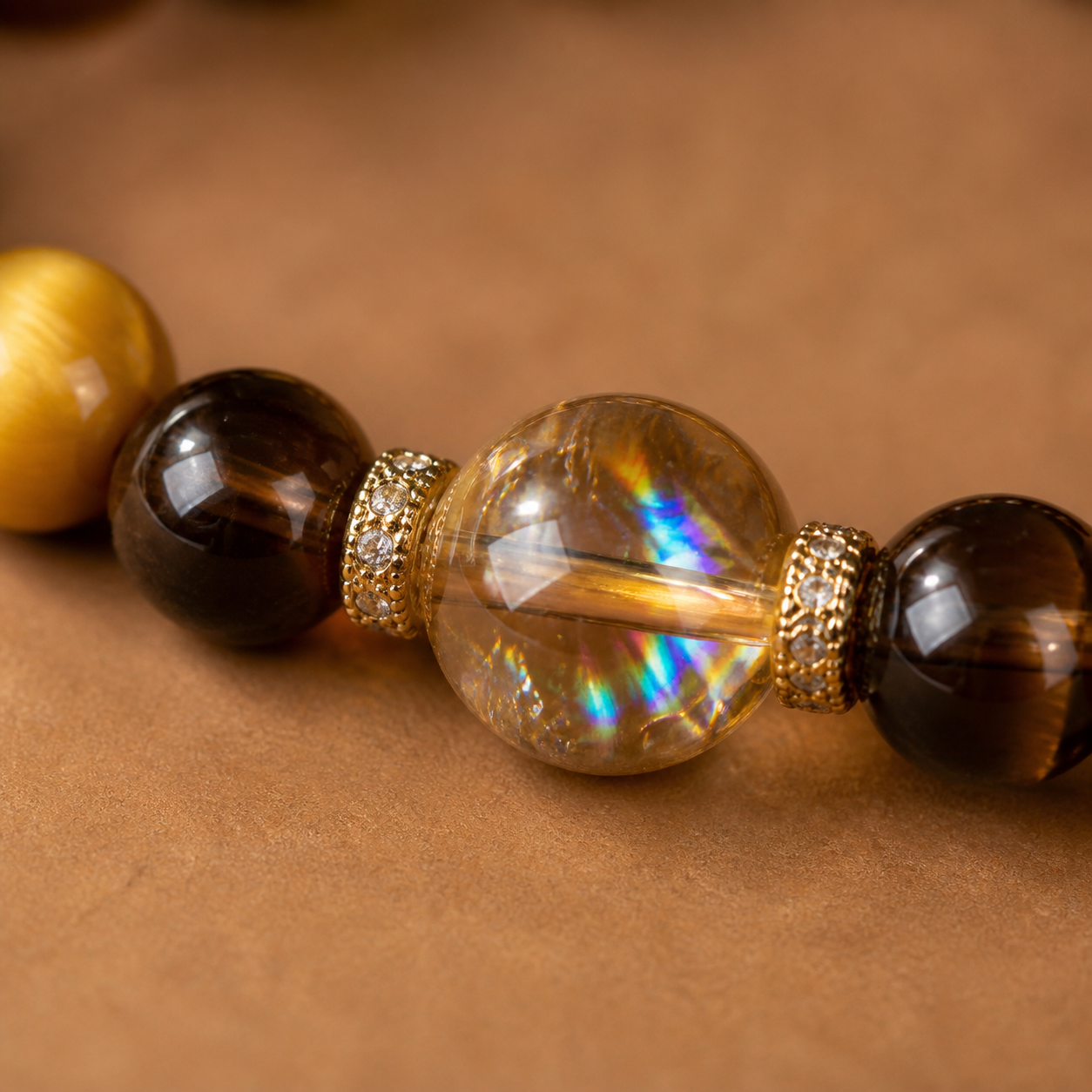 Tiger eye crystal bracelet worn in a lifestyle setting