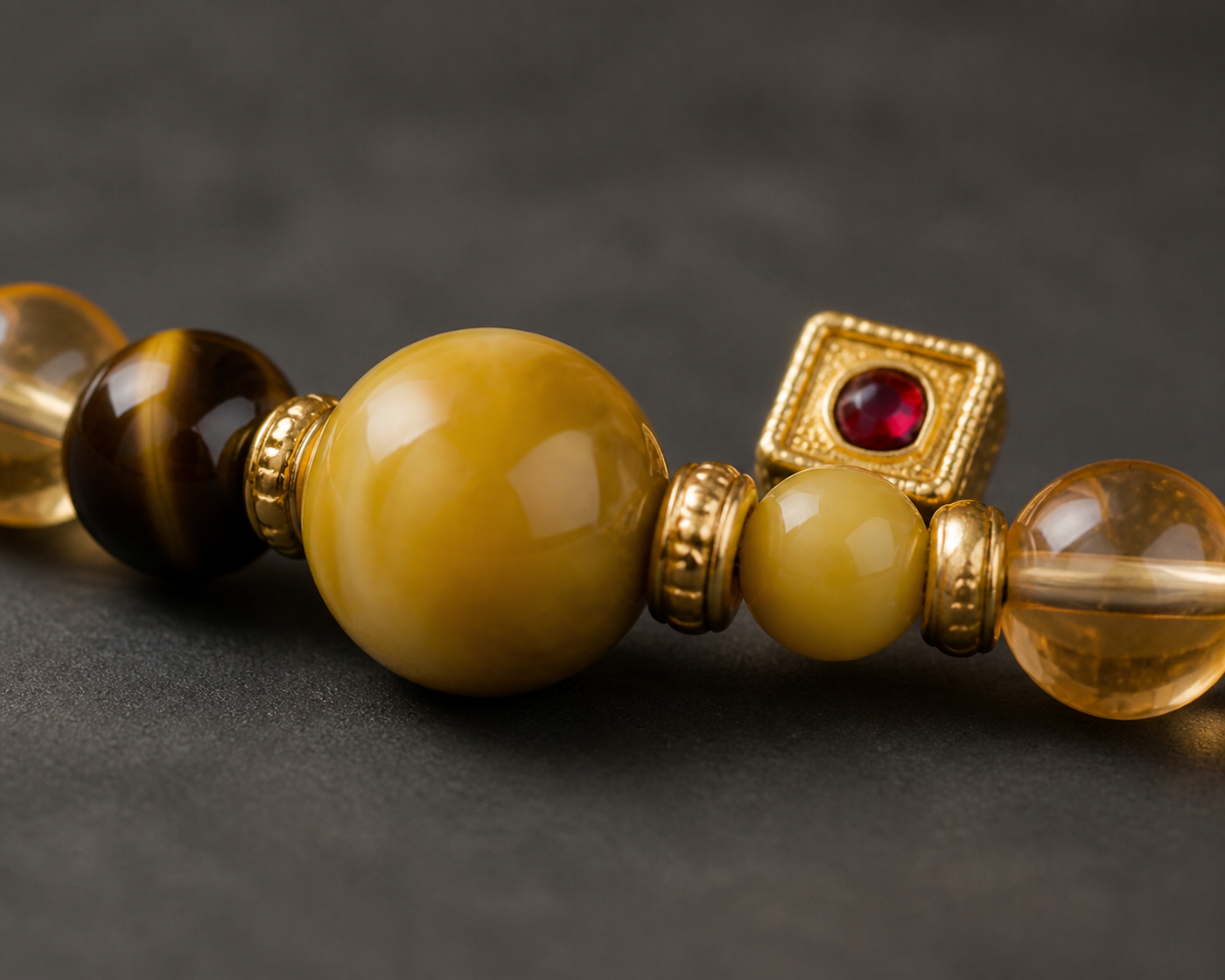 Tiger eye double-wrap bracelet worn in a lifestyle setting