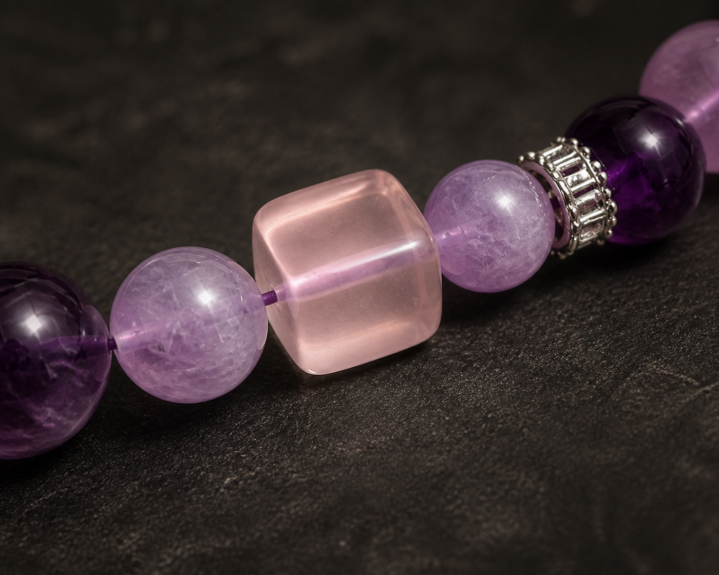 Amethyst bracelet worn in a lifestyle setting