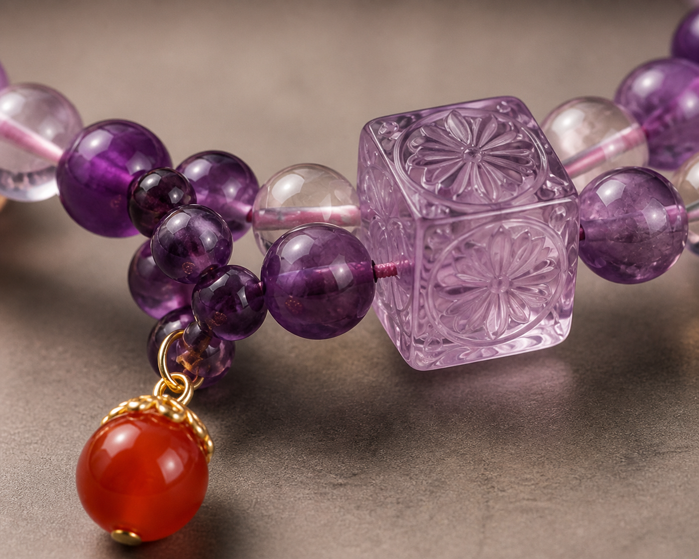 Purple crystal bracelet worn in a lifestyle setting