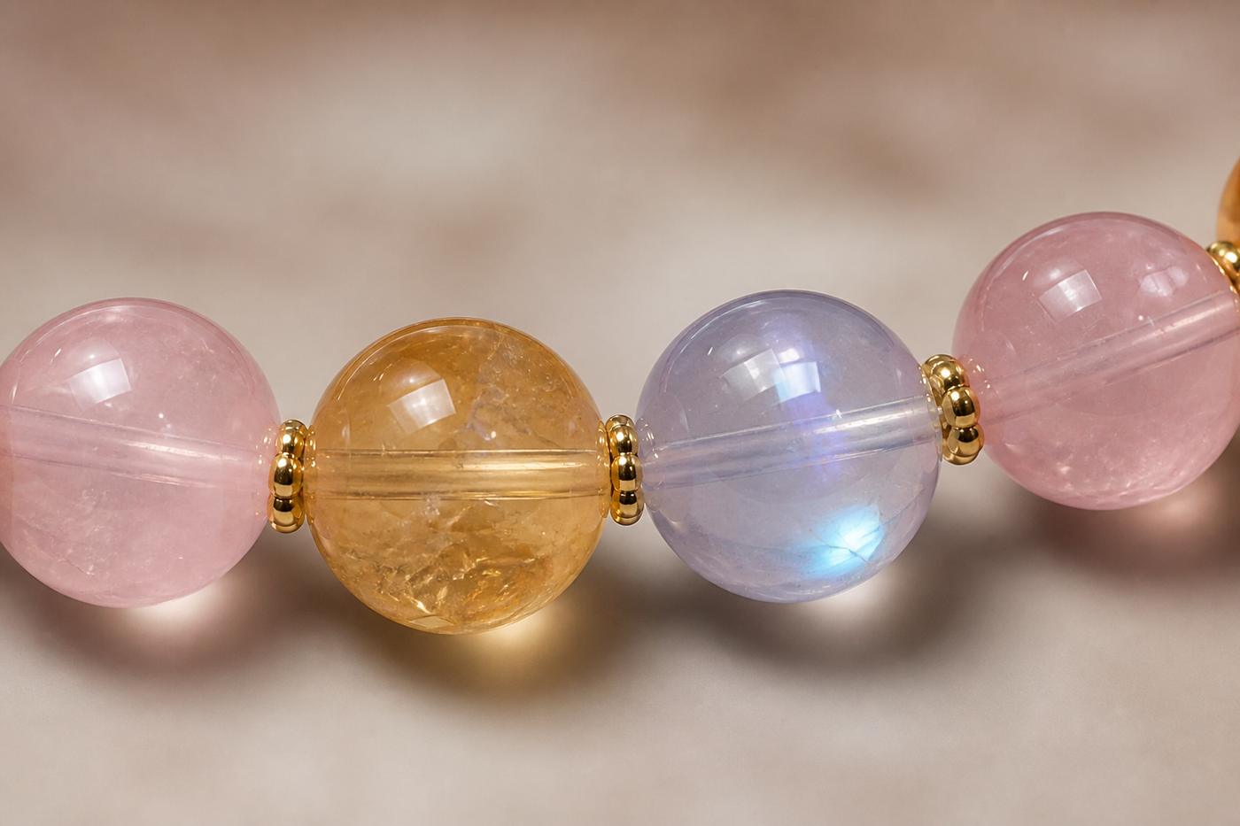 Natural multicolor crystal bracelet worn in a lifestyle setting