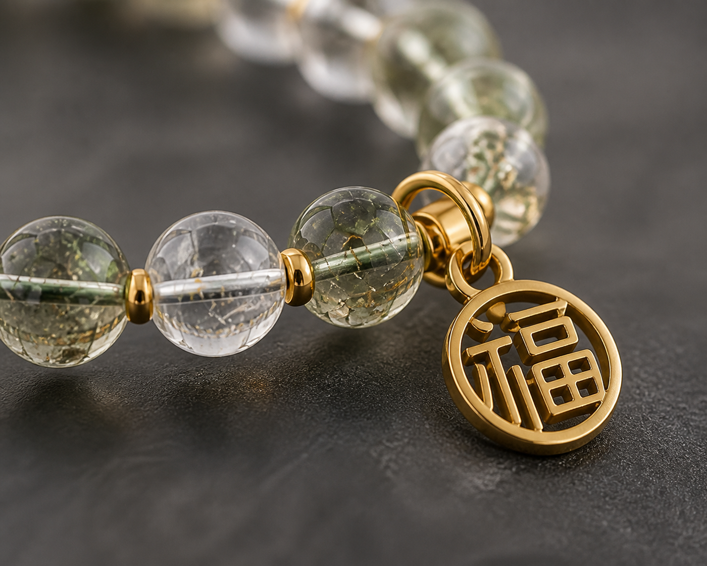 Green quartz bracelet worn in a lifestyle setting