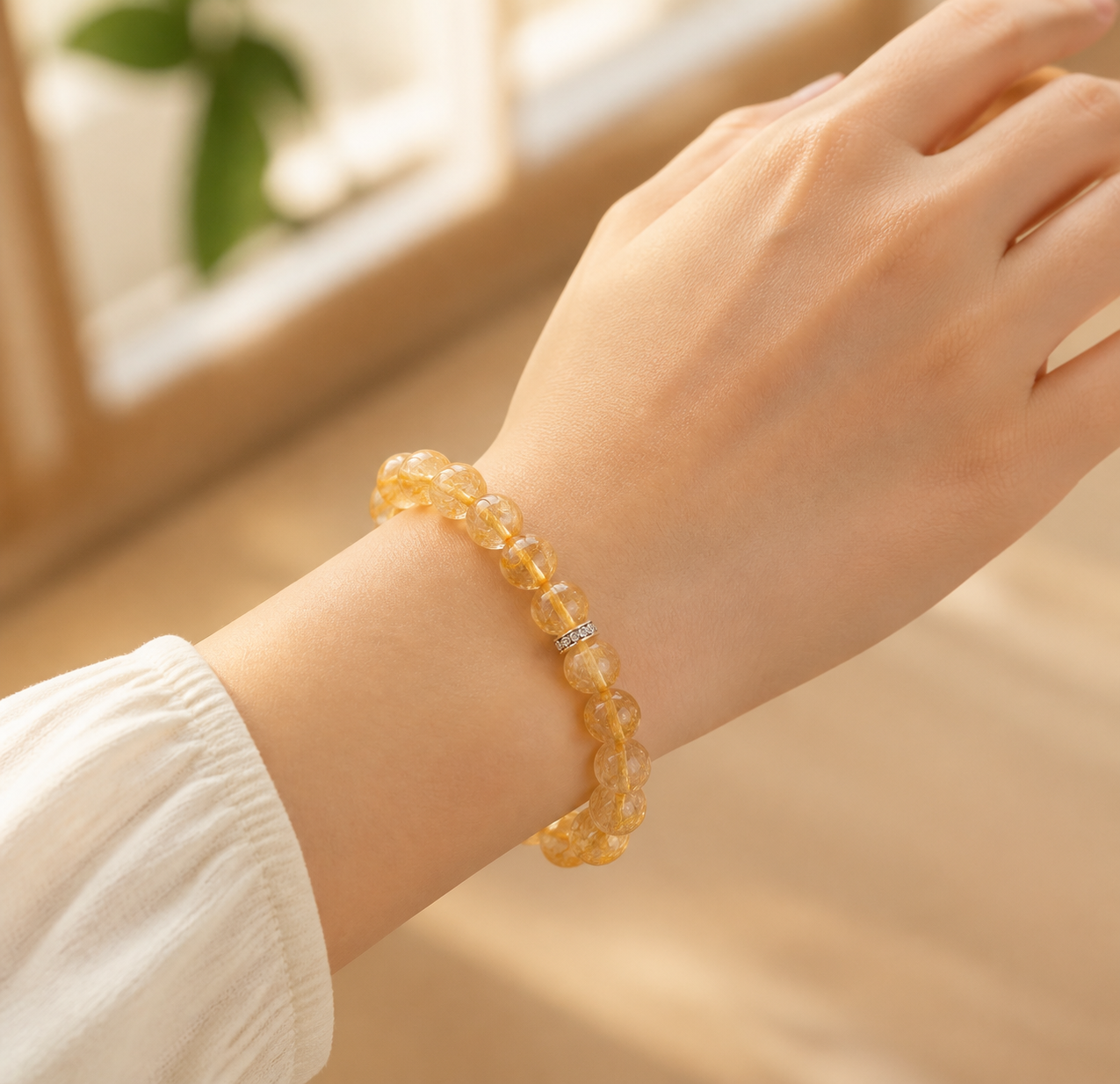 Rutilated quartz bracelet bead close-up