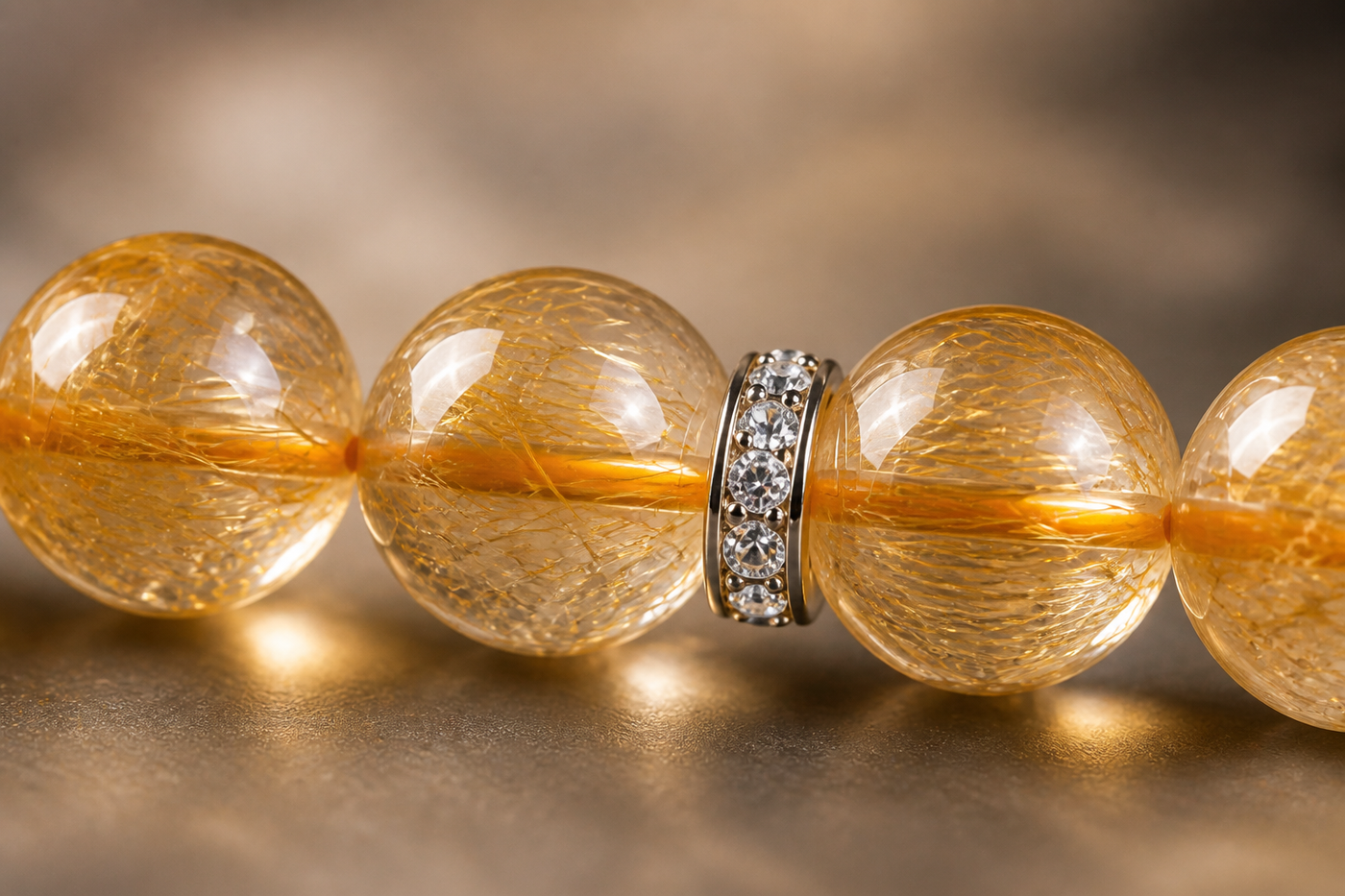 Rutilated quartz bracelet worn in a lifestyle setting