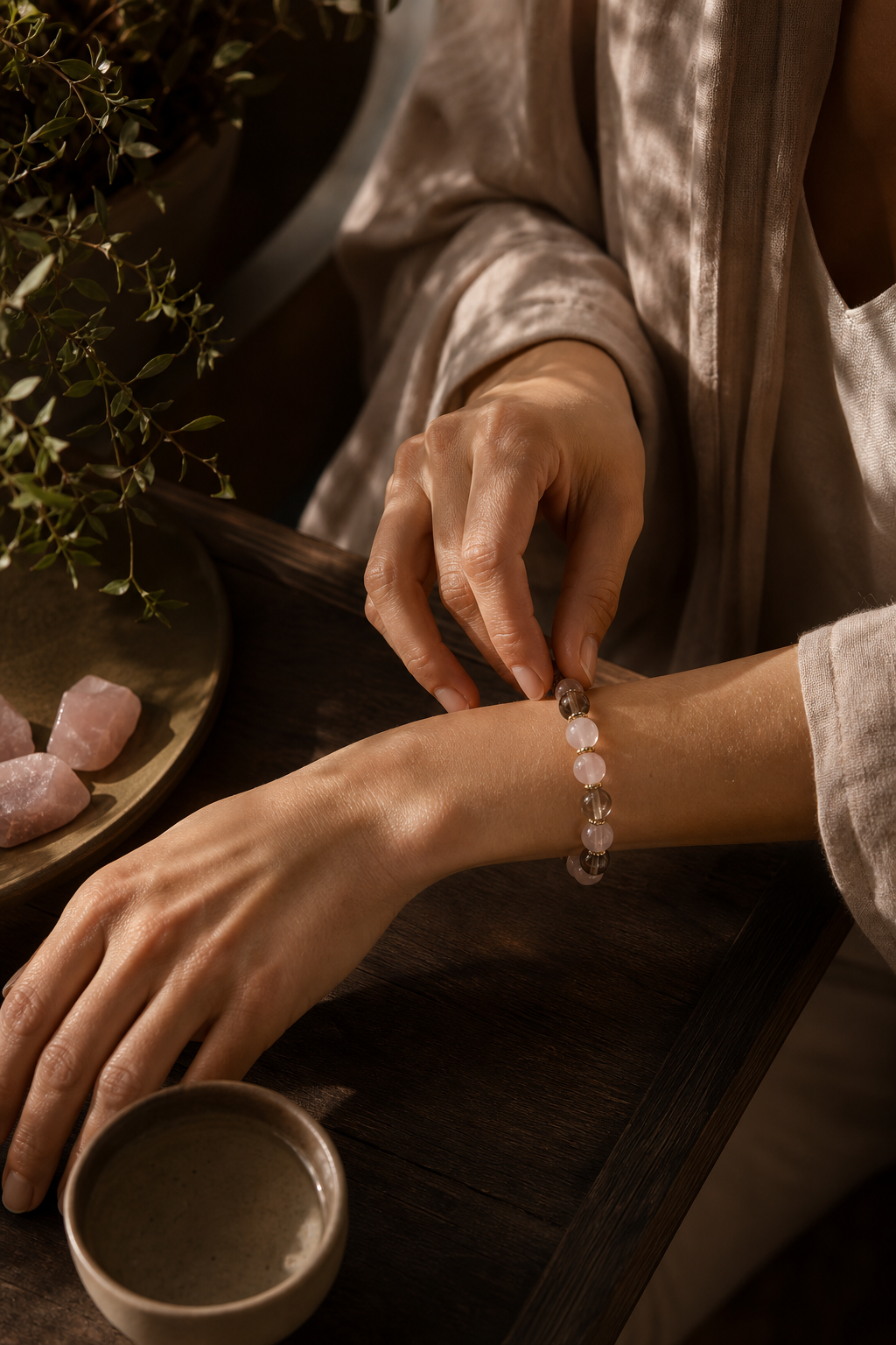 A crystal bracelet worn during a quiet morning self-love ritual